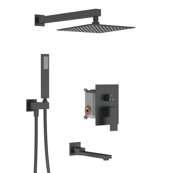 INSTER AIM 1-Spray 12 in. Dual Wall Mount Fixed and Handheld Shower Head 1.8 GPM in Matte Black (Tub Faucet & Valve Included)