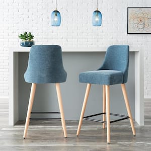 30 in. Benfield Twilight/Natural Blue Wood Upholstered Bar Stools with Back (Set of 2)