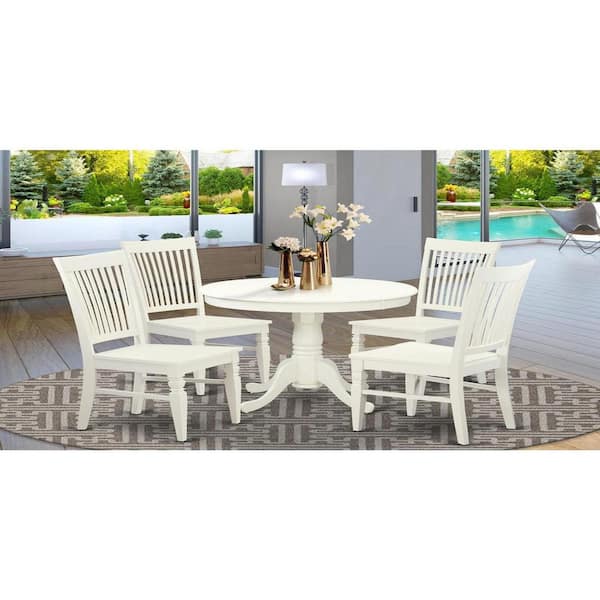 East West Furniture 5-Piece Linen White Finish Solid Wood Top Dining table with 4 Chairs with Lattice Back