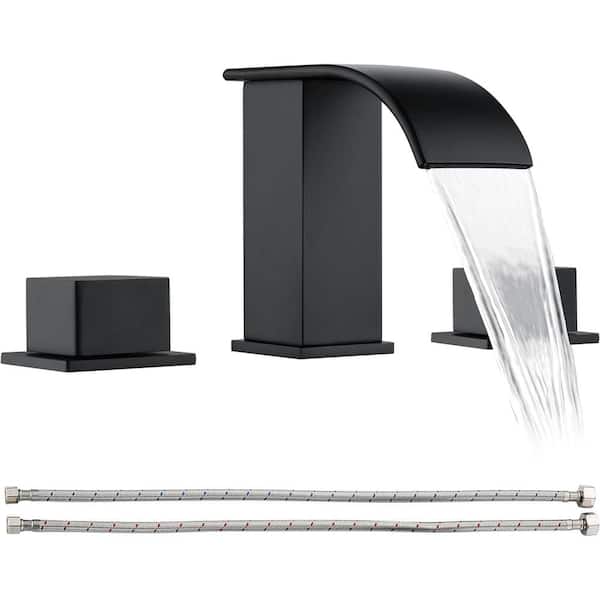 GAGALIFE 8 in. Widespread Double Knob Handles Waterfall Spout Bathroom Sink Faucet with Supply Lines in Matte Black