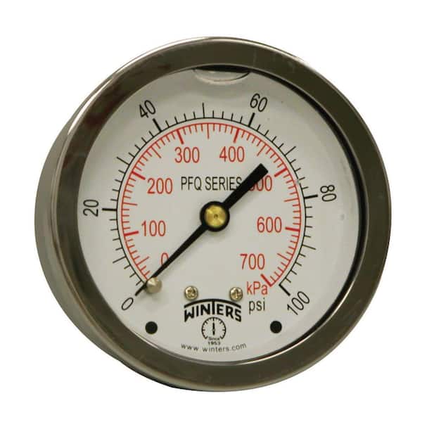 Winters Instruments PFQ Series 2.5 in. Stainless Steel Liquid Filled Case Pressure Gauge with 1/4 in. NPT CBM and Range of 0-100 psi/kPa