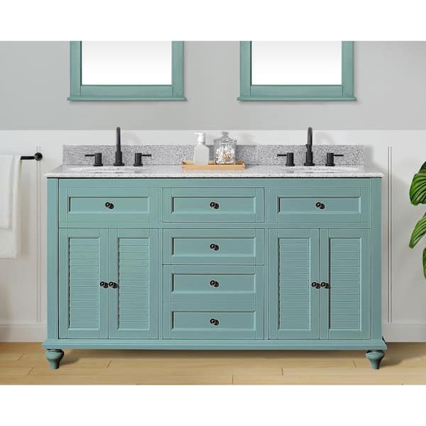 Home Decorators Collection Hamilton 61 in. W x 22 in. D x 35 in. H Double Sink Freestanding Bath Vanity in Sea Glass with Gray Granite Top