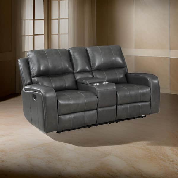 Benjara 71.5 in. Flared Arm Leather Rectangle Loveseat Recliner Sofa in Gray