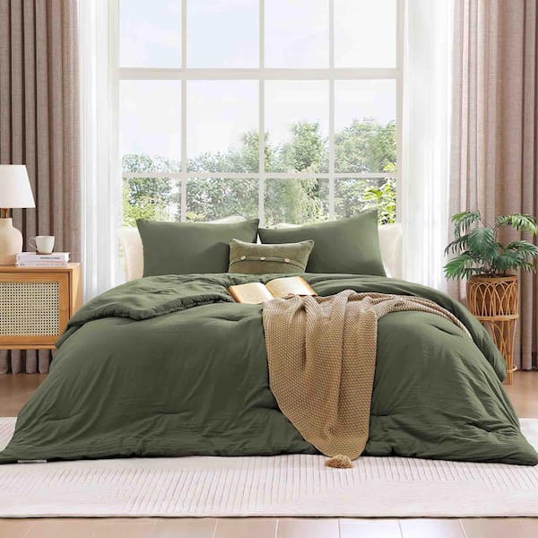 All Season 3 Pieces King Size Comforter Set with Pillow Shams, Olive Green