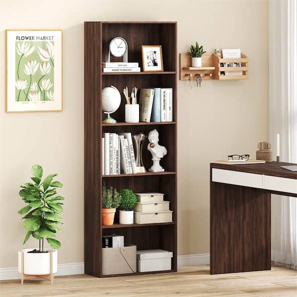 67 in. H Walnut Engineered Wood 5-Shelf Standard Bookcase Stand Multi Functional Storage Display Cabinet
