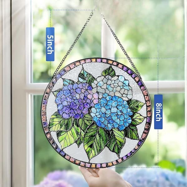 Blue Hydrangea Ornament Stained Glass Art Glass Window HDFT23KWMH