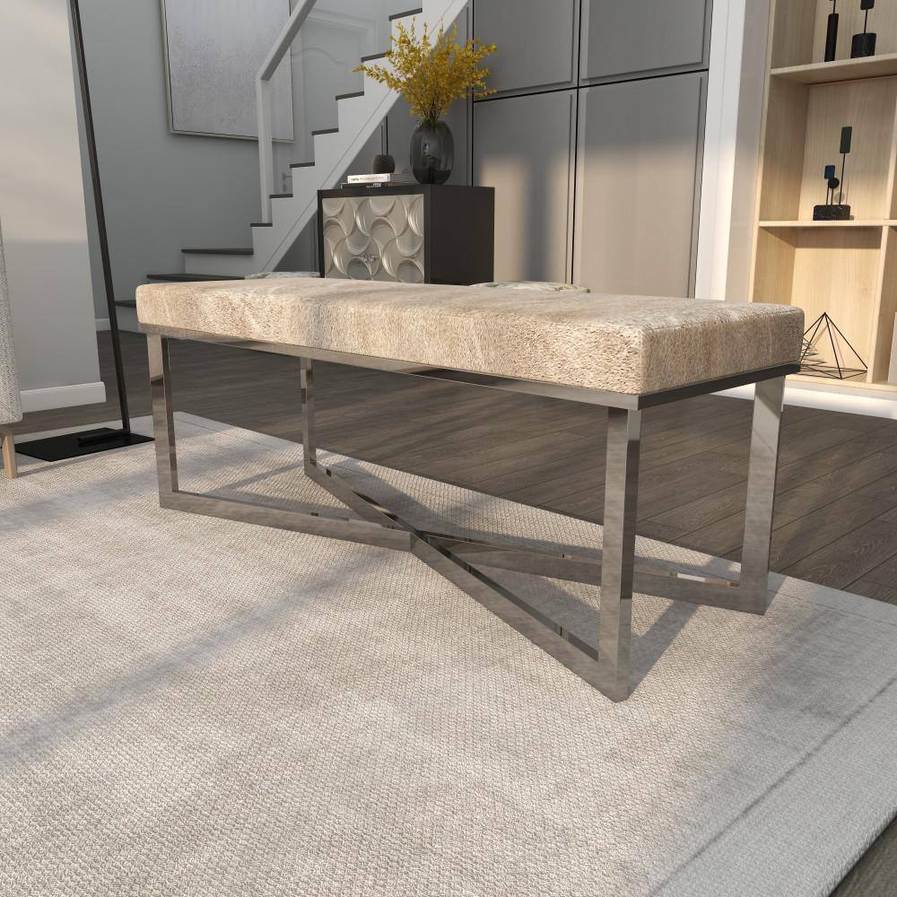 Gray Handmade Cowhide Bench with Silver Metal X-Base