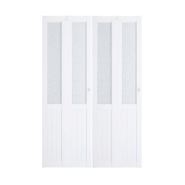 48 in. x 80 in. Half Hammered Glass Solid Core White PVC Covering MDF Bi-fold Door with Locks, Handles and Hardware Kits