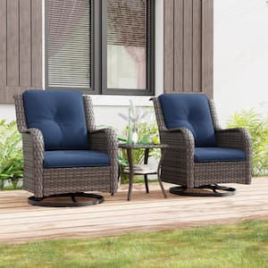 3-Piece Wicker Swivel Outdoor Rocking Chairs Patio Conversation Set with Blue Cushions