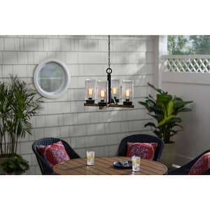 Collier 4-Light Matte Black Outdoor Chandelier with Clear Seeded Glass Shade
