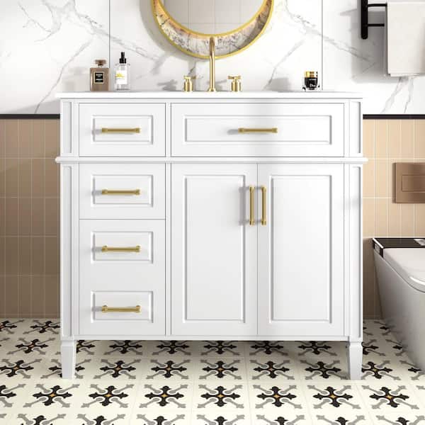 36 in. Single Sink Freestanding White Bath Vanity with White Ceramic Top, 4-Drawers, Adjustable Shelf, Soft-Close Hinges