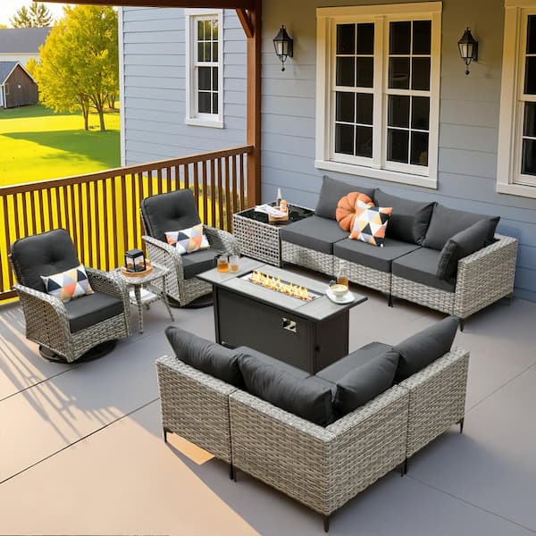 HOOOWOOO Howell 11-Piece Wicker Outdoor Furniture Patio Fire Pit Conversation Sofa Set with Swivel Chairs and Black Cushions