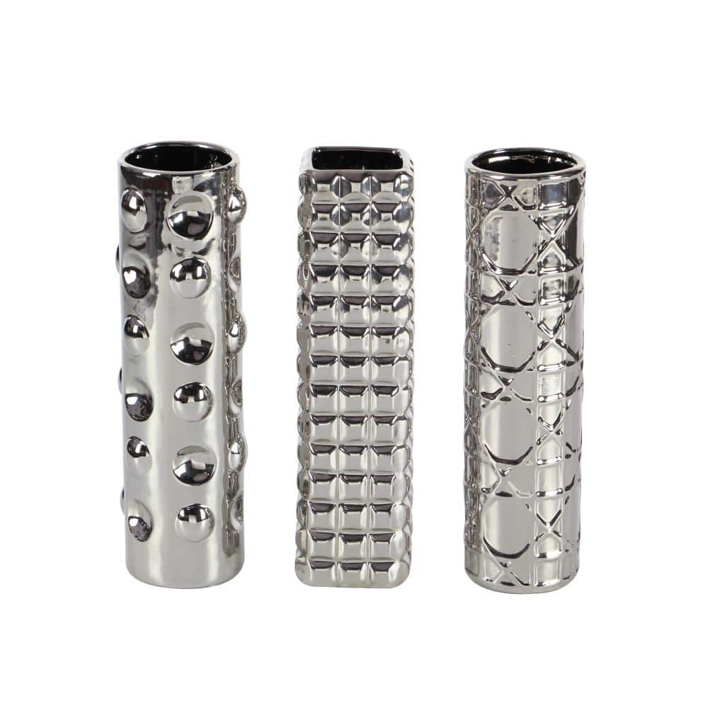 Elegant Silver Ceramic Bud Vase Trio, 3.5" x 12.1"