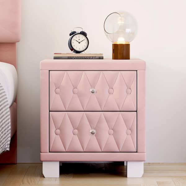 Pink 2-Drawers 18.10 in. W Velvet Nightstand with Crystal Handle