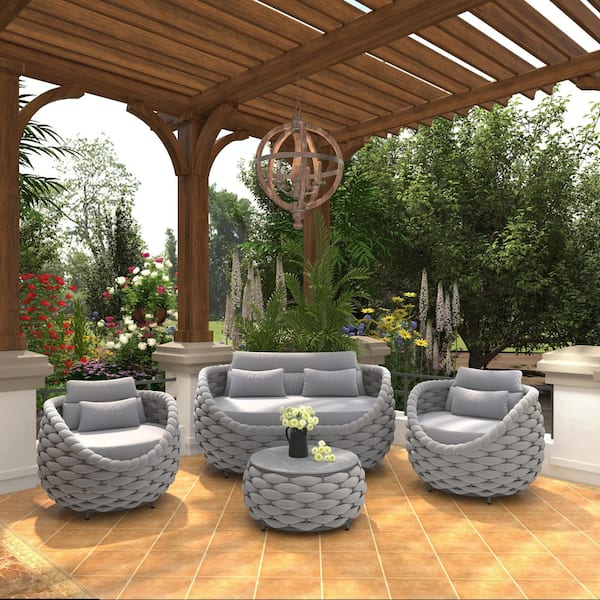 TWT Bird's Nest 4-Piece Gray Aluminum Hand-Woven Outdoor Patio Waterproof Sectional Seating Set with Light Gray Cushions