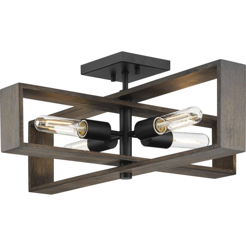 Matte Black and Wood 4-Light Flush Mount Ceiling Fixture