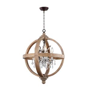4-Light Candle Style Globe Natural Wood Chandelier with Clear Glass Crystals