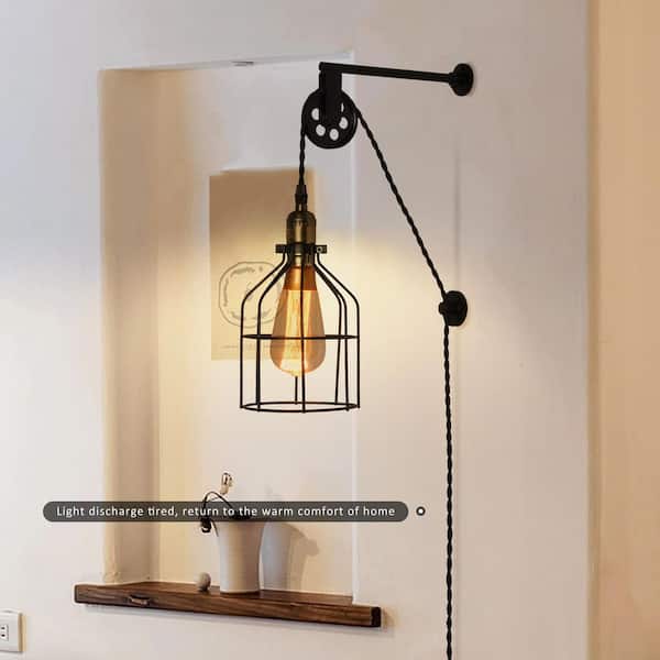 Industrial 9.8 in. 1-Light Plug In Pulley Wall Sconces Adjustable Height Wall Lights Fixture with Black Cage Shade