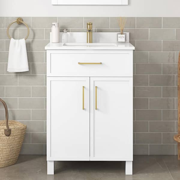 Home Decorators Collection Bilston 24 in. W x 19 in. D x 34 in. H Single Sink Bath Vanity in White with White Engineered Stone Top