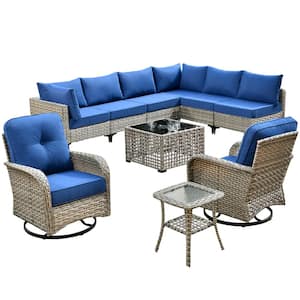 Aquarius 10-Piece Wicker Patio Conversation Seating Sofa Set with Navy Blue Cushions and Swivel Rocking Chairs