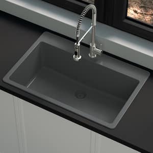 Stonehaven 33 in. Drop-In Single Bowl Charcoal Gray Granite Composite Kitchen Sink with Charcoal Strainer