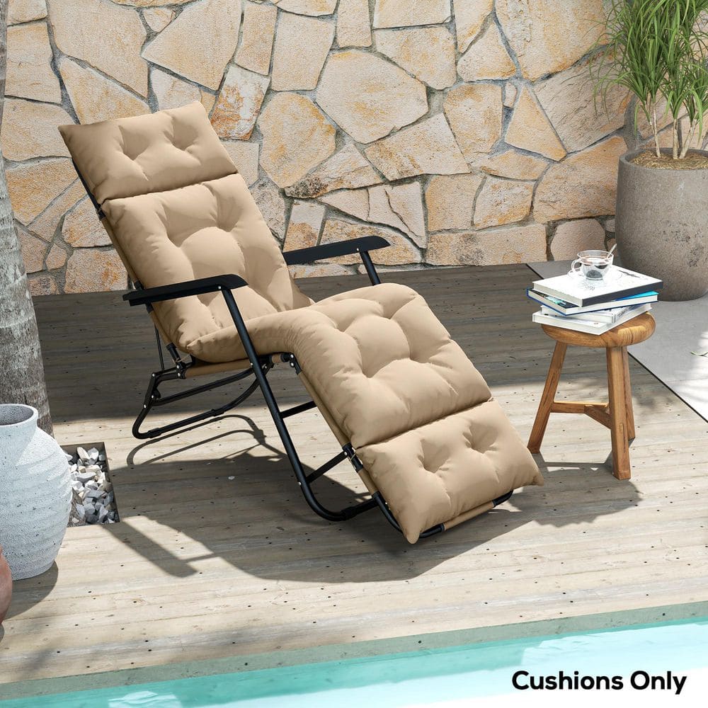 Beige Tufted Outdoor Chaise Lounge Cushion with Ties