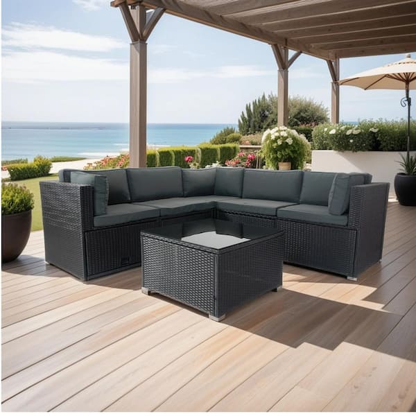 ITOPFOX Black 6-Piece Wicker Outdoor Sectional Set with Dark Grey Cushions 3 Storage Under Seat