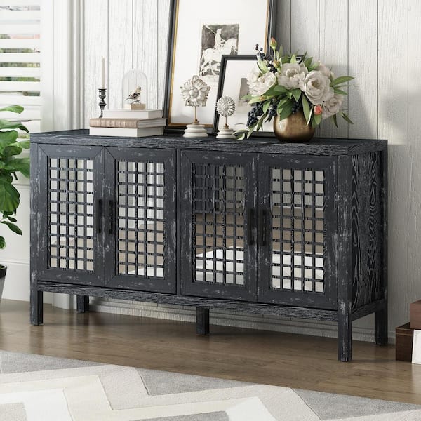 Harper & Bright Designs Retro Style Black Wood 58 in. W Mirrored Sideboard with Closed Grain Pattern and Adjustable Shelves