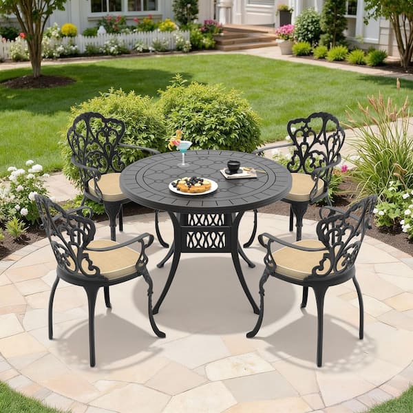 Black 5-Piece Cast Aluminum Outdoor Dining Set, 39.37 in. Round Dining Table and 4 Patio Chairs with Off-White Cushions