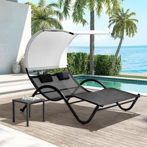 Black Metal Outdoor Double Chaise Lounge with Sun Shade Canopy and Wheels