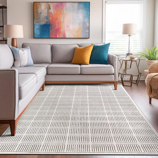 Bohemian Stripe Lines Washable Non Slip Ivory 3 ft. x 5 ft. Area Rug