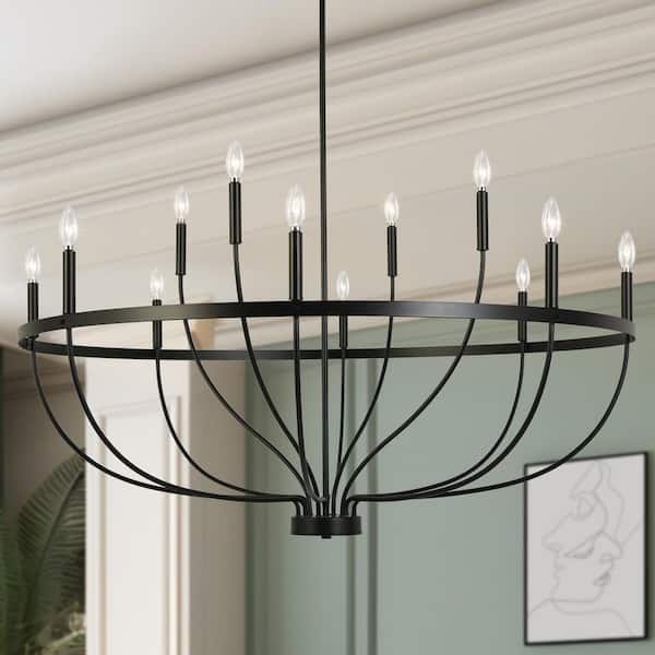 LNC Transitional 47.2 in. 12-Light Black Wagon Wheel Candlestick Chandelier for Living Room, Foyer Pendant, LED Compatible