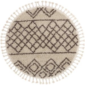 Cabana Radley Natural Modern Tribal Shag Moroccan Trellis 3 ft. 11 in. x 3 ft. 11 in. Round Area Rug