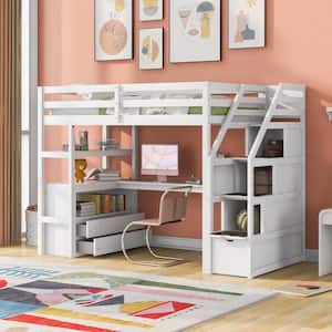White Twin Size Wooden Loft Bed with Storage Staircase, Built-in Desk, Shelves and 2 Drawers