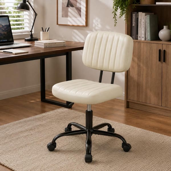 Ergonomic PU Leather Armless Adjustable Height 360° Rolling Swivel Computer Task Chair in White