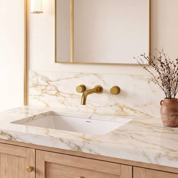 8 in. Spout Reach 2-Handle 1.2 GPM at 60 PSI Wall Mounted Bathroom Faucet Pop-Up Drain Included in Brushed Gold