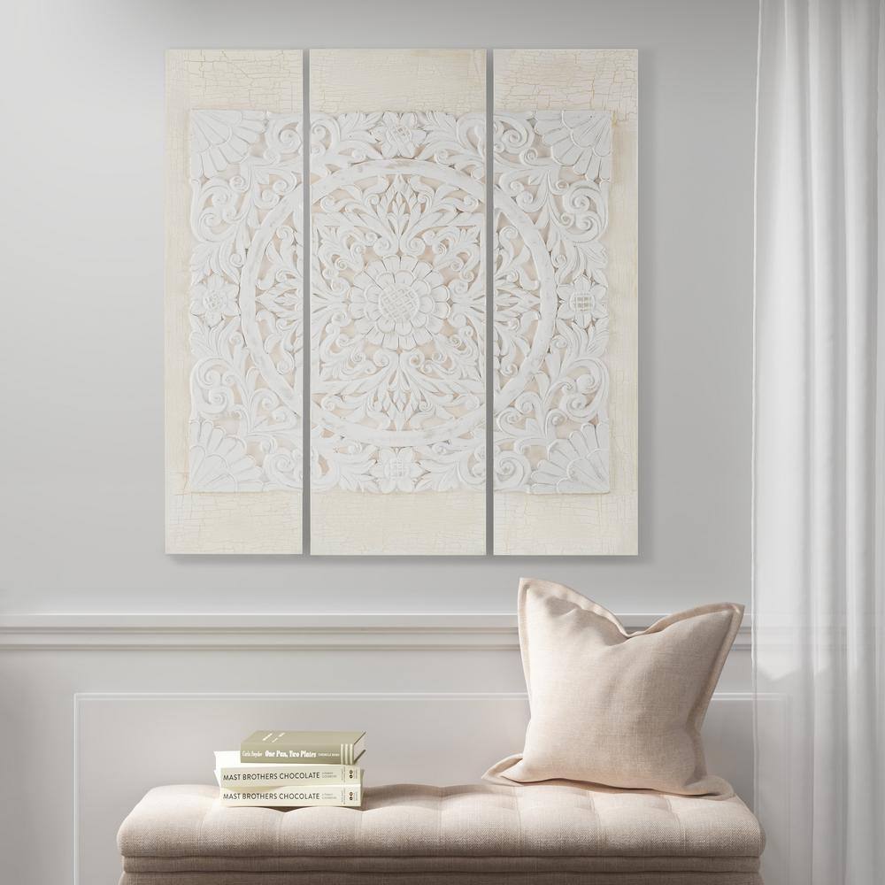 White 3D Embellished Mandala Canvas Wall Art Set