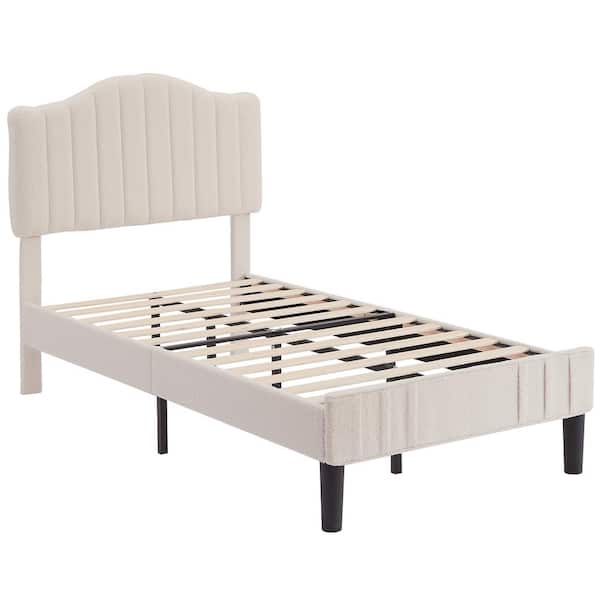 Upholstered Bed Frame with Sheepskin Fabric Adjustable Headboard Twin Size Platform Bed, Beige
