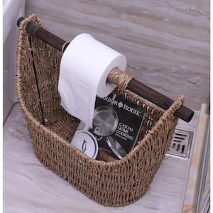Free Standing Magazine and Toilet Paper Holder Basket with Wooden Rod in Natural