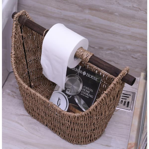 Decorative Bathroom Basket Handwoven Magazine Rack with Wooden Rod Toilet Paper Holder for Easy Dispensing, Natural