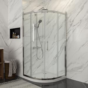36 in. x 75 in. H Neo-Round Corner Sliding Semi-Frameless Shower Door Enclosure in Chrome with Clear Glass