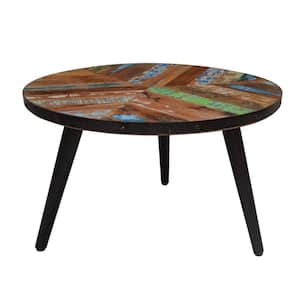 22 in. Brown and Black Reclaimed Wood Industrial Side Table with Round Multi Tone Top and Iron Trim
