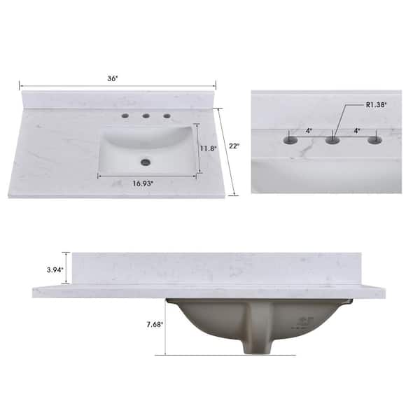 YUページ YASINU 36 in. W x 22 in. D Engineered Stone Composite White