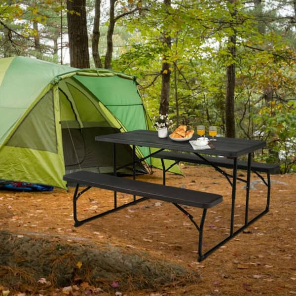 Black Rectangle Plastic Outdoor Folding Picnic Table Bench Set with Wood-Like Texture