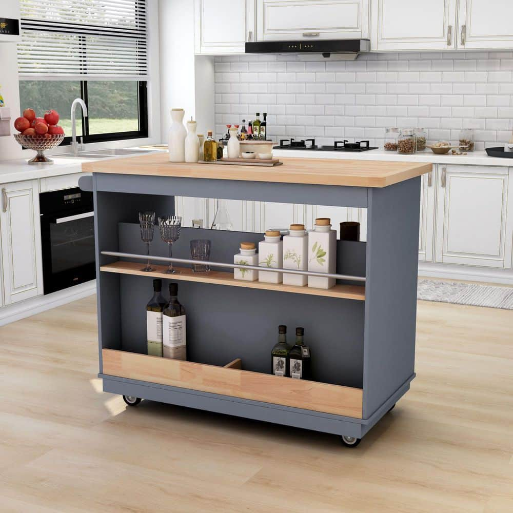 Gray Blue Rolling Mobile Kitchen Island Cart Solid Wood Top with 2-Drawer Tableware Cabinet and Spice Wine Towel Rack -  Runesay, EC-KIGB-952