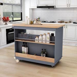 Gray Blue Rolling Mobile Kitchen Island Cart Solid Wood Top with 2-Drawer Tableware Cabinet and Spice Wine Towel Rack