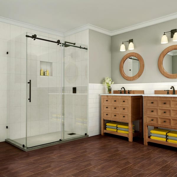 Aston Coraline Pure 60 in. x 33.875 in. x 76 in. Completely Frameless Sliding Shower Enclosure in Oil Rubbed Bronze