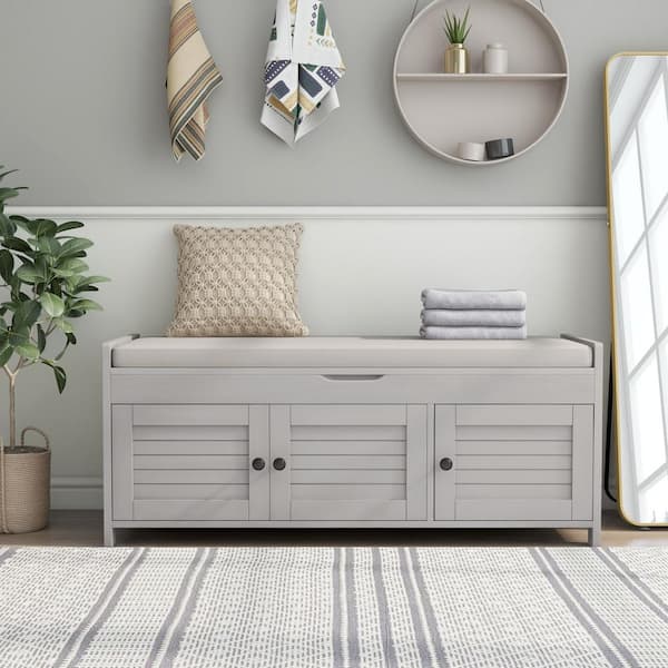 Rustic Style Wood Entryway Storage Bench Ottoman Gray Dining Bench with  Beige Cushion 42 in. FY-WF299118AAE - The Home Depot