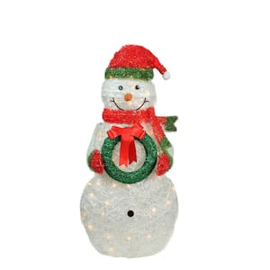 38 in. Christmas Lighted Tinsel Snowman Outdoor Decoration with Wreath