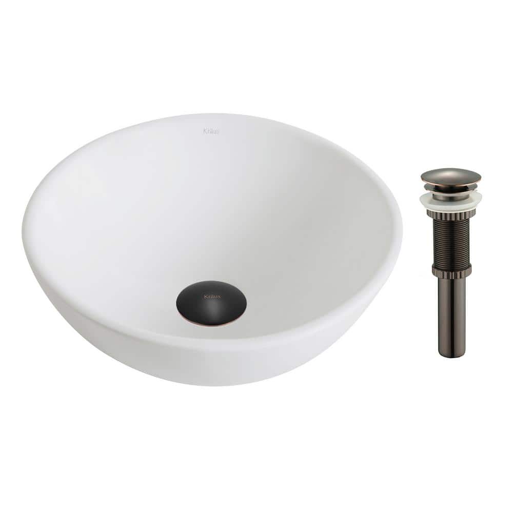 Elavo White Ceramic Round Vessel Sink with Oil Rubbed Bronze Drain